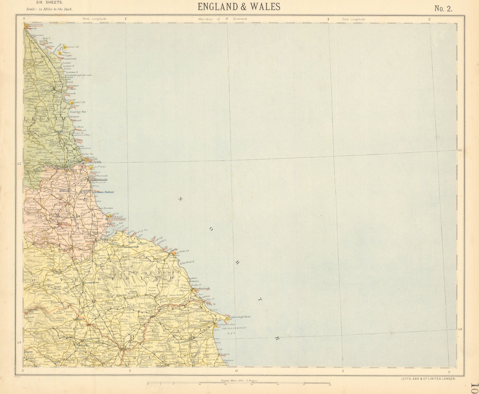 NORTH YORKSHIRE, DURHAM & NORTHUMBERLAND COAST. Lighthouses. LETTS 1892 map